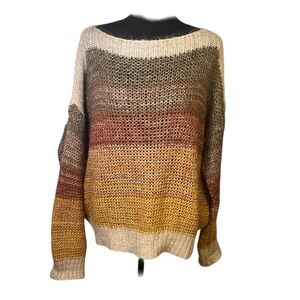 Chiaramente Italian Mohair Blend Striped Sweater Brown Tan Yellow Loose Knit XL